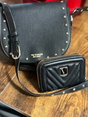 Victoria's Secret Black Studded Crossbody with Quilted Black Zip Wallet